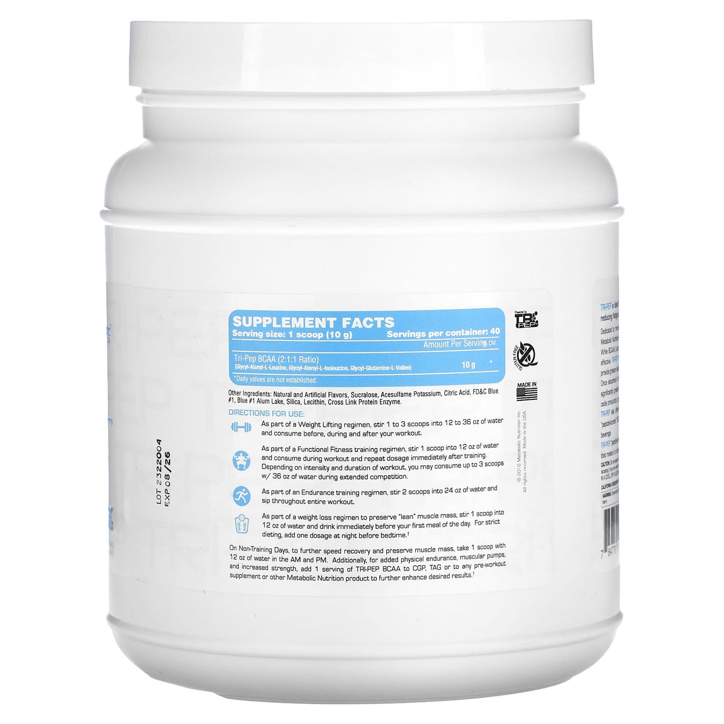 Metabolic Nutrition, Tri-Pep, Branch Chain Amino Acid, Blue Raspberry, 14.1 oz, (400 g) - Image 2