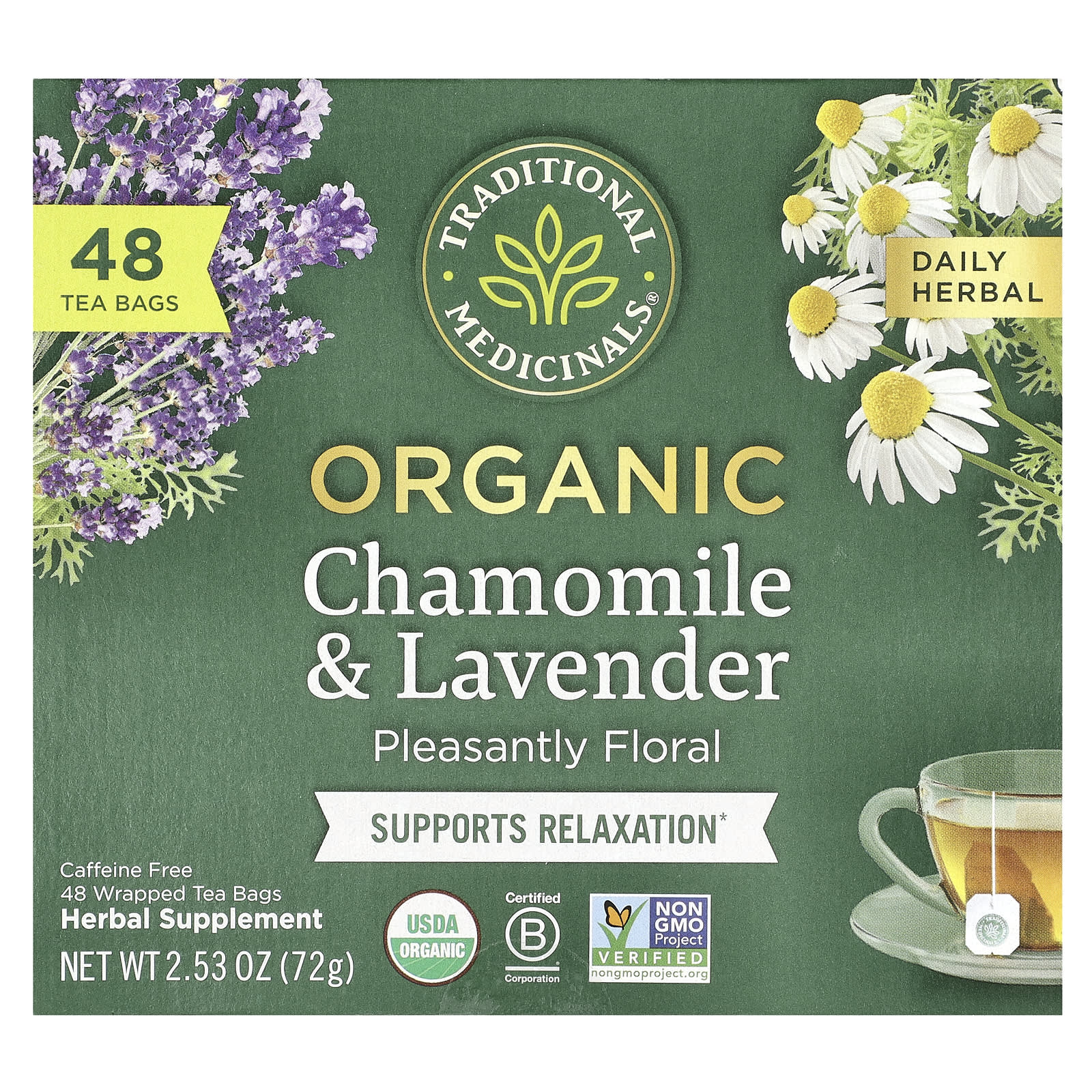 Traditional Medicinals, Herbal Tea, Organic Chamomile & Lavender, Caffeine Free, 48 Wrapped Tea Bags, 2.53 oz (72 g) - Image 1