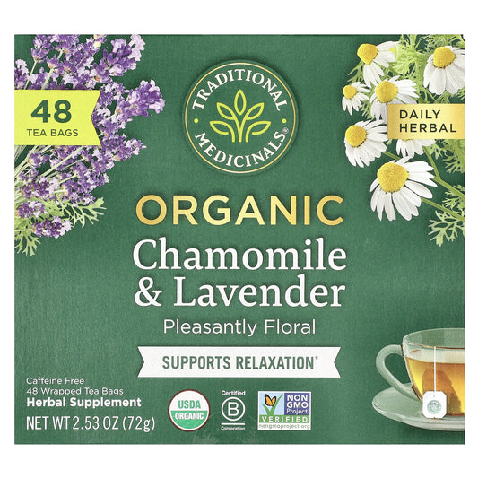 Traditional Medicinals, Herbal Tea, Organic Chamomile & Lavender, Caffeine Free, 48 Wrapped Tea Bags, 2.53 oz (72 g) - Image 1