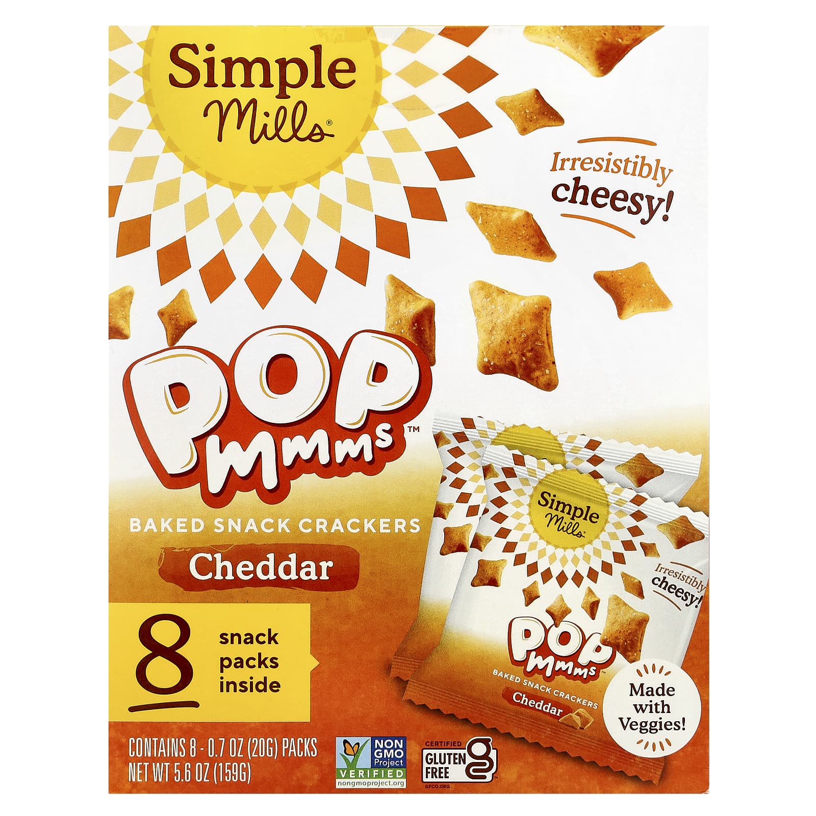Simple Mills, Pop Mmms™, Baked Snack Crackers, Cheddar, 8 Packs, 0.7 oz (20 g) Each - Image 1