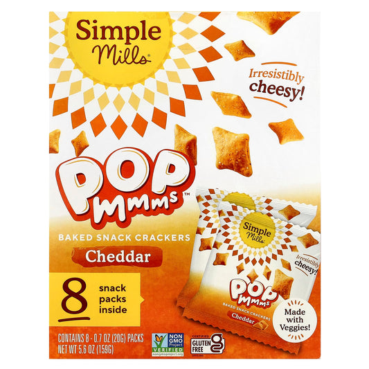 Simple Mills, Pop Mmms™, Baked Snack Crackers, Cheddar, 8 Packs, 0.7 oz (20 g) Each - Image 1