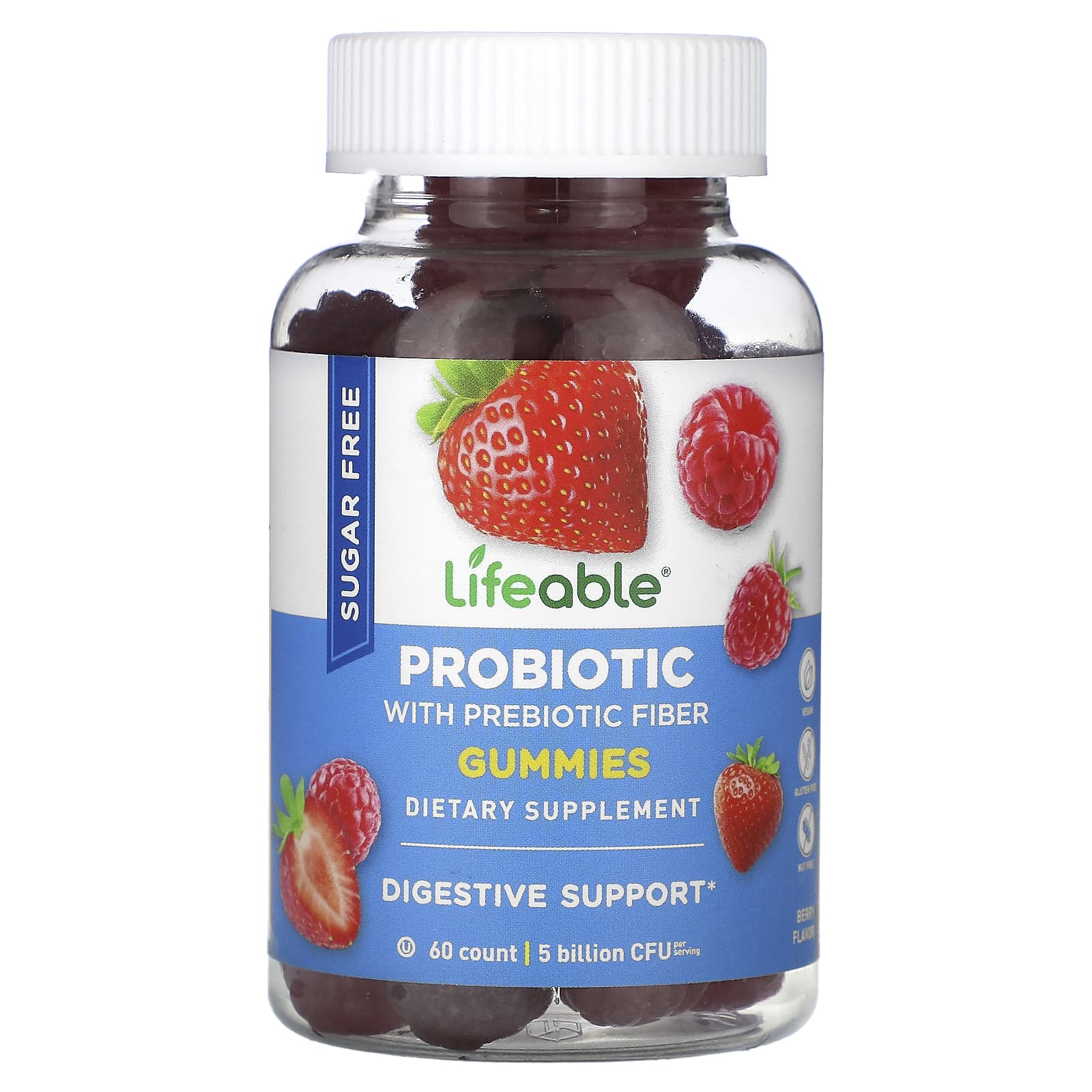 Lifeable, Probiotic with Prebiotic Fiber Gummies, Sugar Free, Berry, 60 Gummies (2.5 Billion CFU per Gummy)