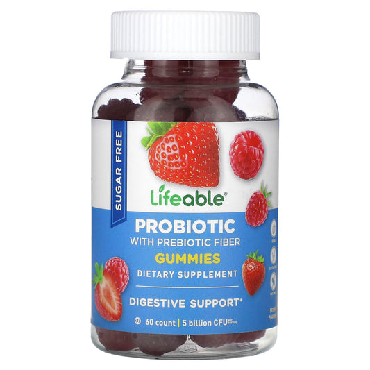 Lifeable, Probiotic with Prebiotic Fiber Gummies, Sugar Free, Berry, 60 Gummies (2.5 Billion CFU per Gummy)