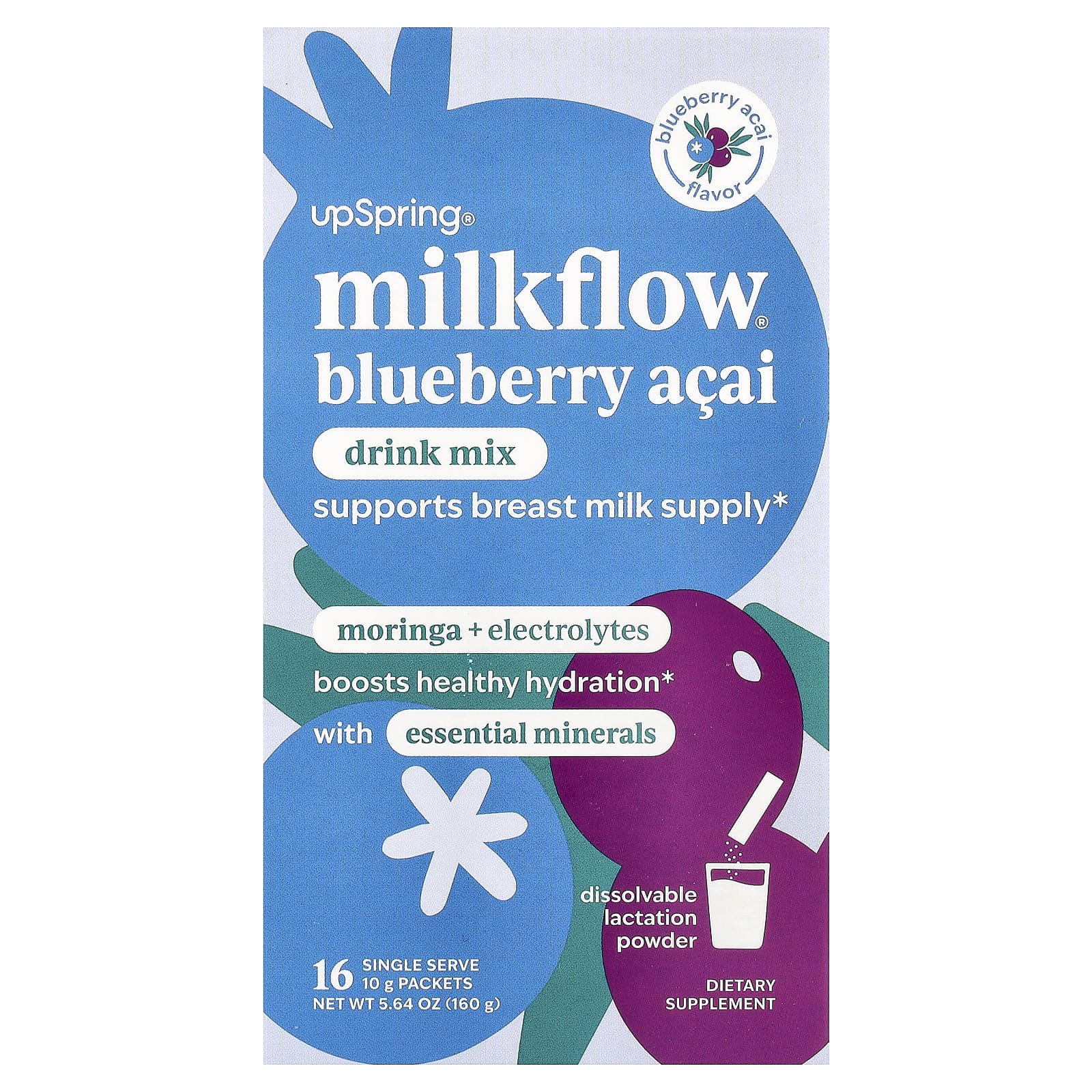 UpSpring, Milkflow® Drink Mix, Blueberry Acai, 16 Single Serve Packets, 0.35 oz (10 g) Each - Image 1