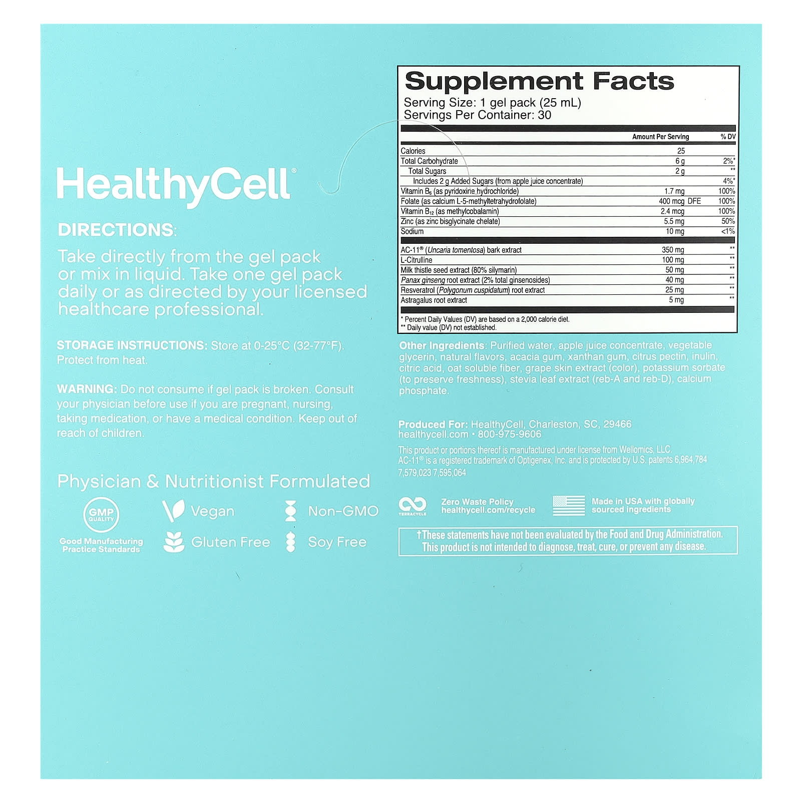 HealthyCell, Telomere Length, Grape, 30 Gel Packs, 0.84 fl oz (25 ml) Each