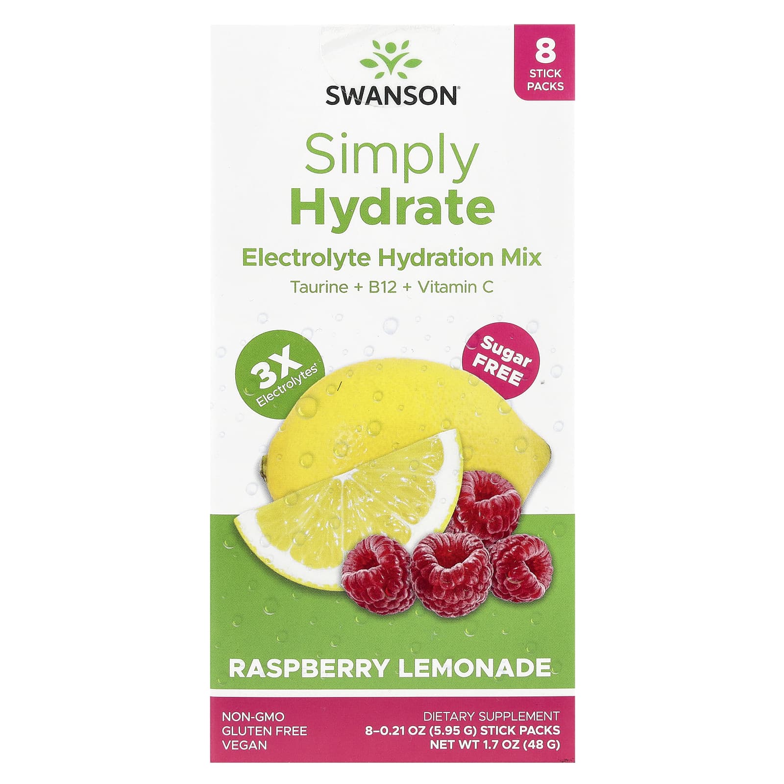 Swanson, Simply Hydrate, Electrolyte Hydration Mix, Raspberry Lemonade, 8 Stick Packs 0.21 oz (5.95 g) Each - Image 1