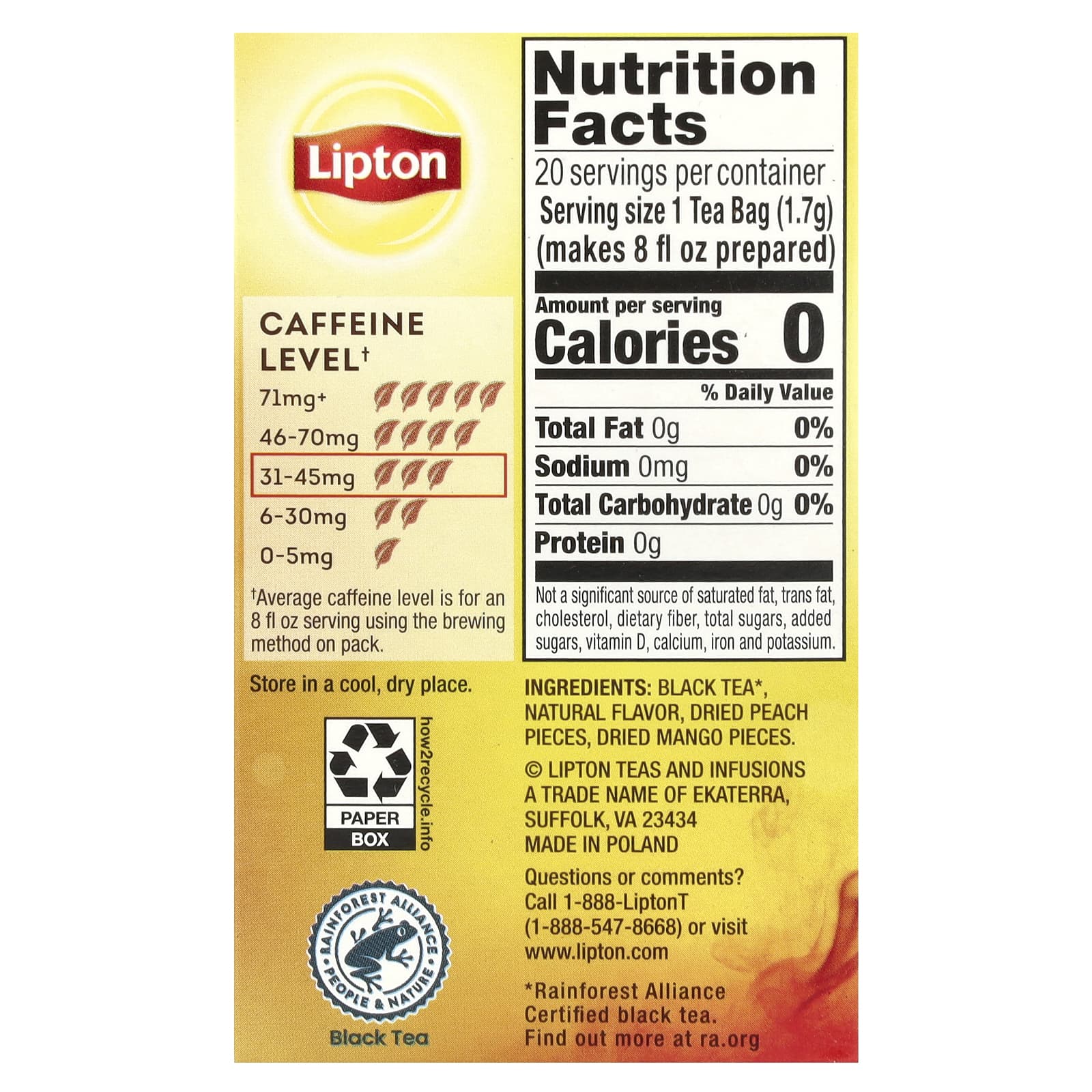 Lipton, Peach Mango Black Tea, 20 Pyramid Tea Bags, 1.2 oz (34 g) - Image 2