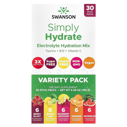 Swanson, Simply Hydrate, Electrolyte Hydration Mix, Variety Pack, 30 Sticks Packs, 6.36 oz (180 g) - Image 1