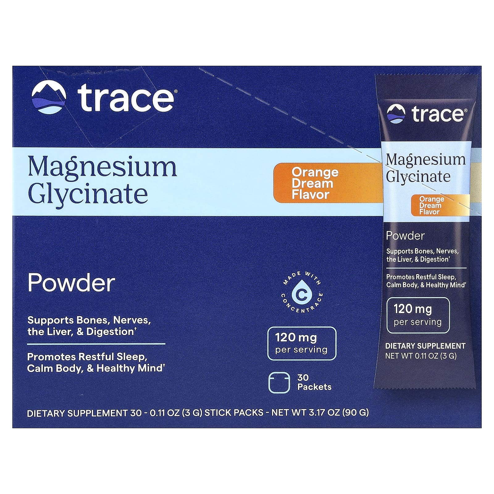 Trace, Magnesium Glycinate Powder, Orange Dream, 30 Packets, 0.11 oz (3 g) Each - Image 1