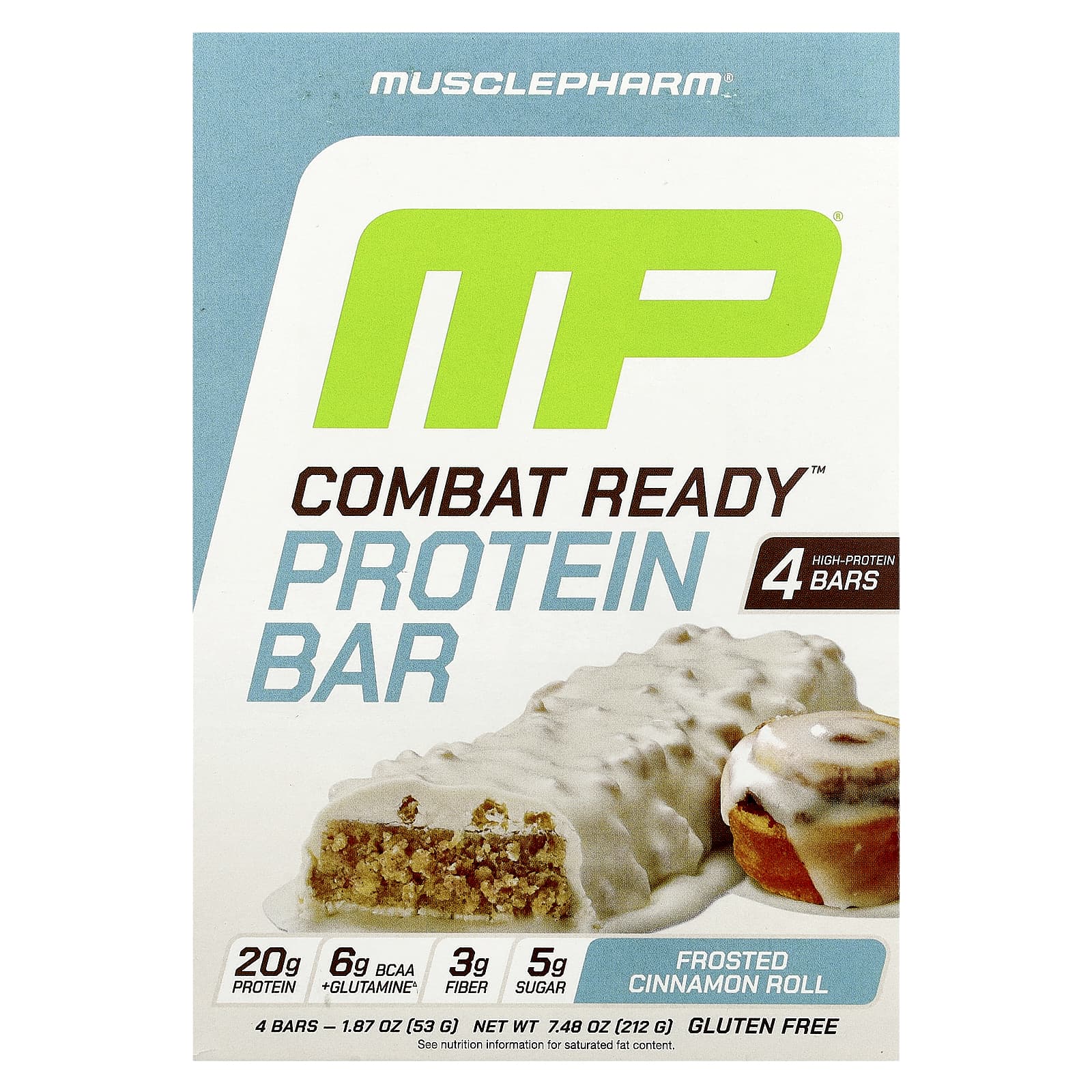 MusclePharm, Combat Ready™ Protein Bar, Frosted Cinnamon Roll , 4 Bars, 1.87 oz (53 g) Each - Image 1