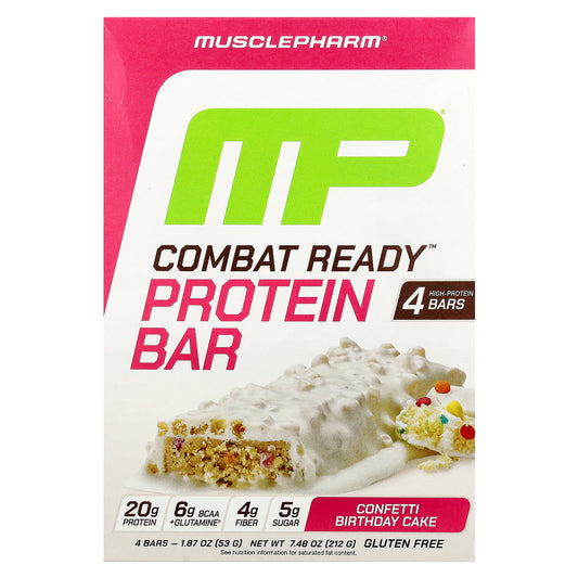 MusclePharm, Combat Ready™ Protein Bar, Confetti Birthday Cake, 4 Bars, 1.87 oz (53 g) Each - Image 1