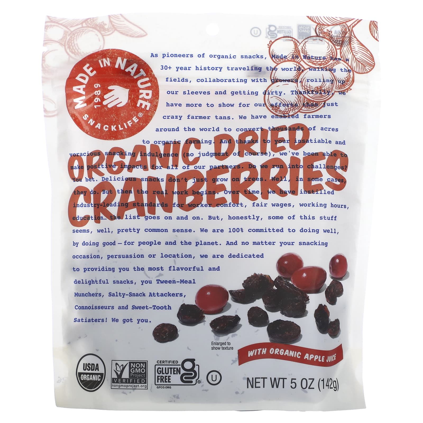 Made in Nature, Organic Dried Cranberries, With Organic Apple Juice, 5 oz (142 g) - Image 1