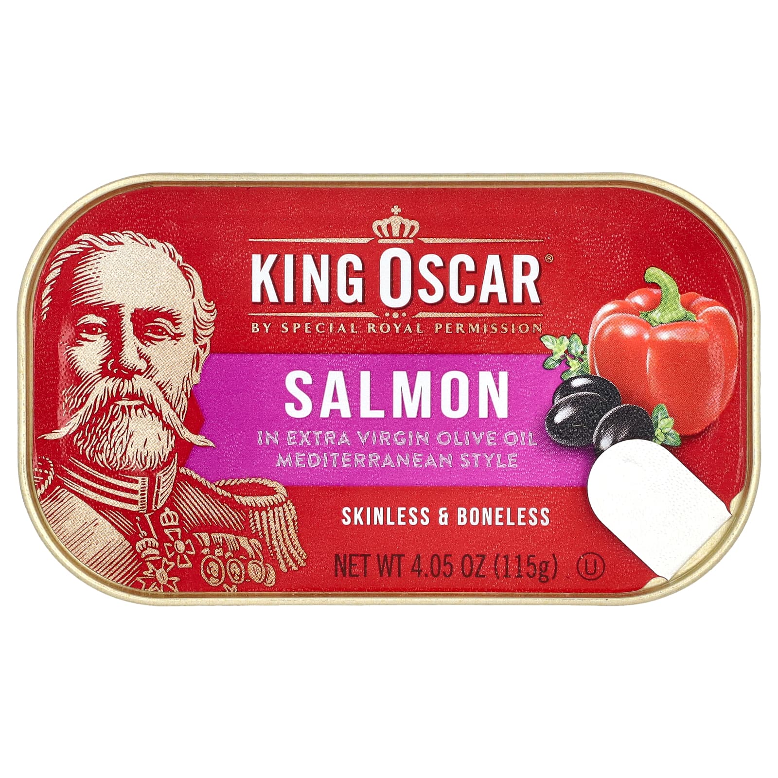 King Oscar, Skinless & Boneless Salmon in Extra Virgin Olive Oil, Mediterranean Style, 4.05 oz (115 g) - Image 1