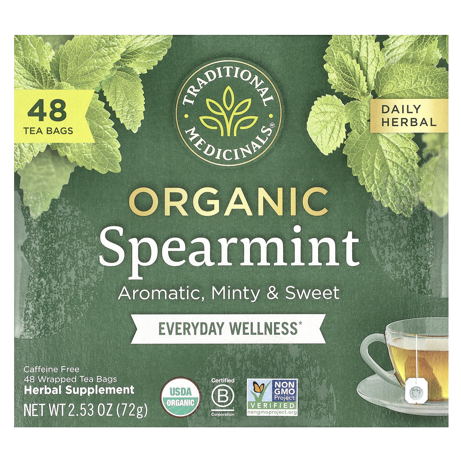 Traditional Medicinals, Organic Spearmint, Caffeine Free, 48 Wrapped Tea Bags, 2.53 oz (72 g) - Image 1