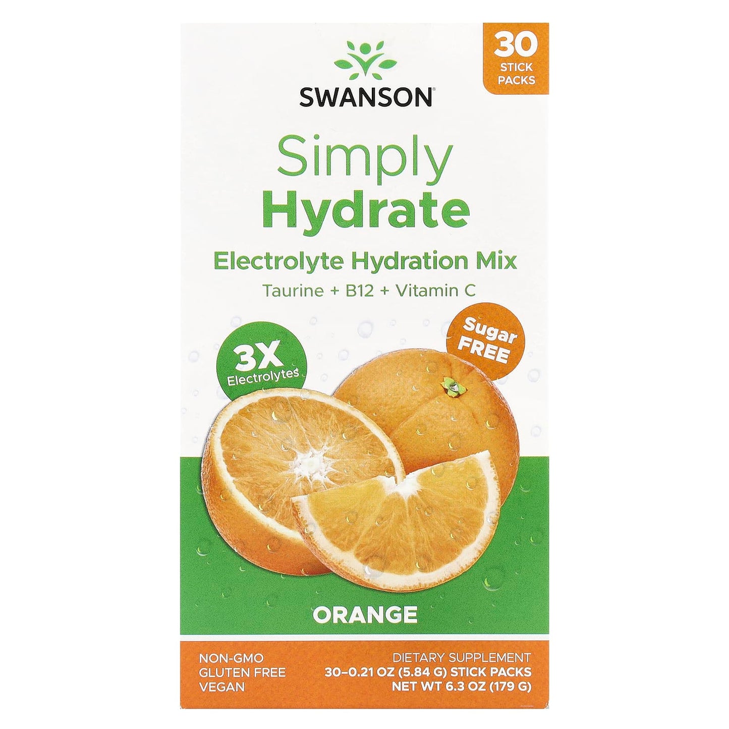 Swanson, Simply Hydrate, Electrolyte Hydration Mix, Orange, 30 Stick Packs, 0.21 oz (5.84 g) Each - Image 1