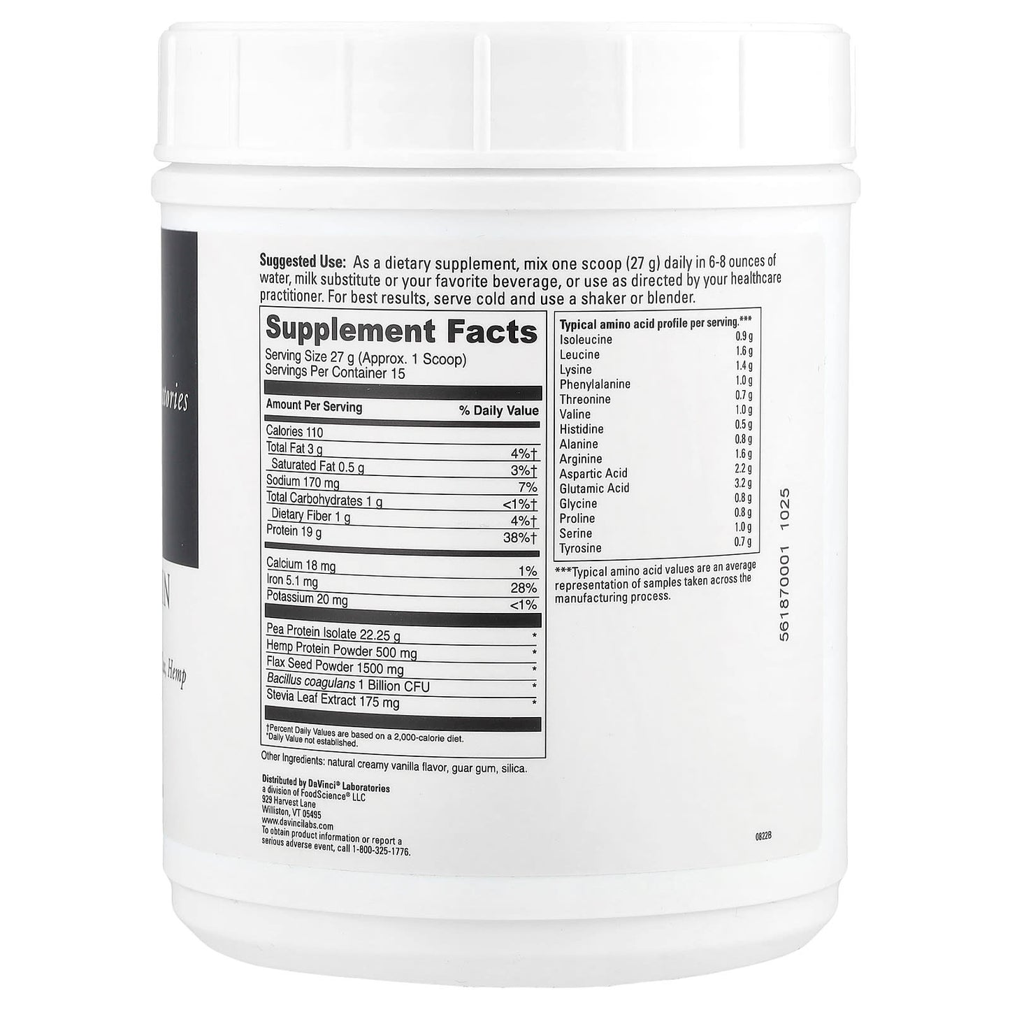 DaVinci Laboratories Vegan Protein Powder, Creamy Vanilla, 405g - Image 2