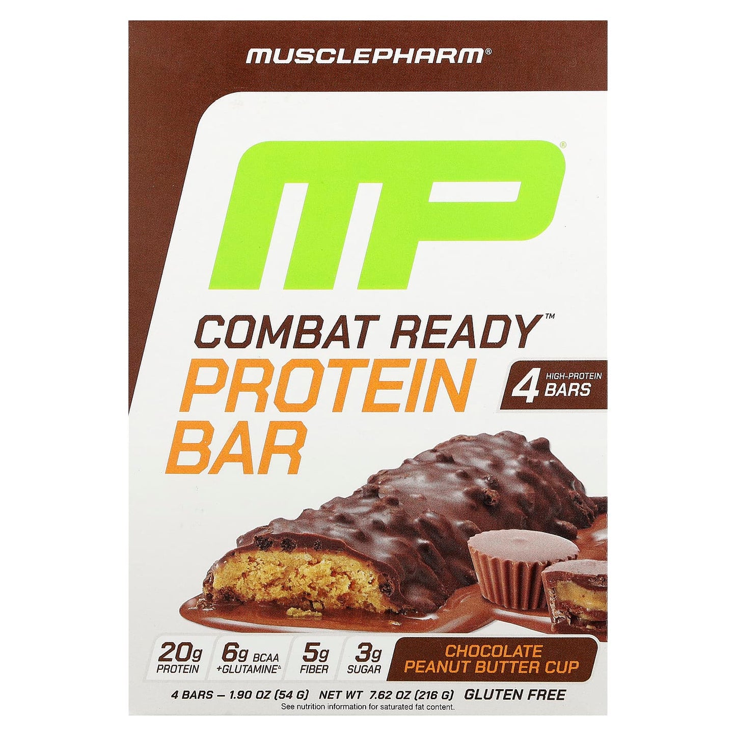 MusclePharm, Combat Ready™ Protein Bar, Chocolate Peanut Butter Cup, 4 Bars, 1.9 oz (54 g) Each - Image 1