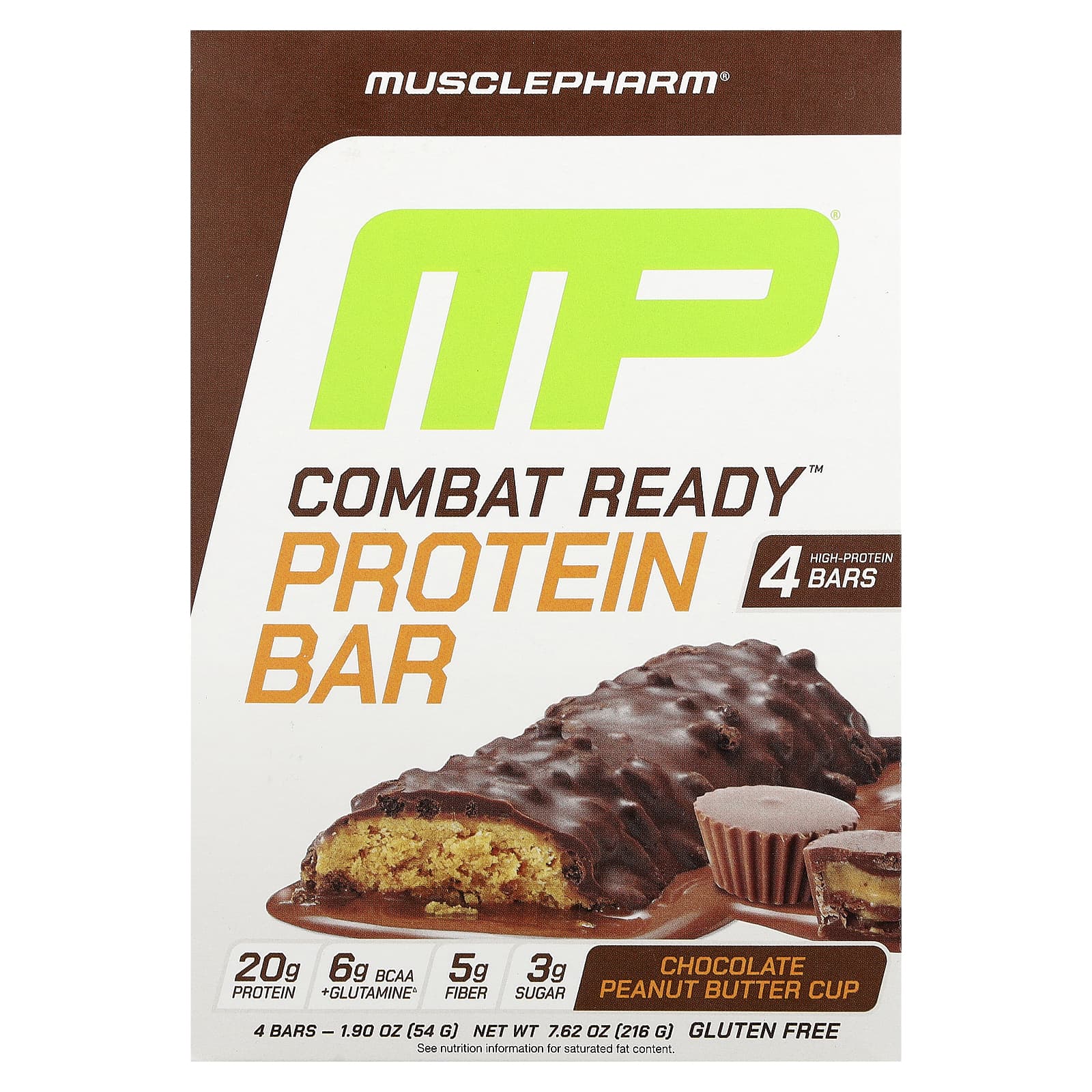 MusclePharm, Combat Ready™ Protein Bar, Chocolate Peanut Butter Cup, 4 Bars, 1.9 oz (54 g) Each - Image 1