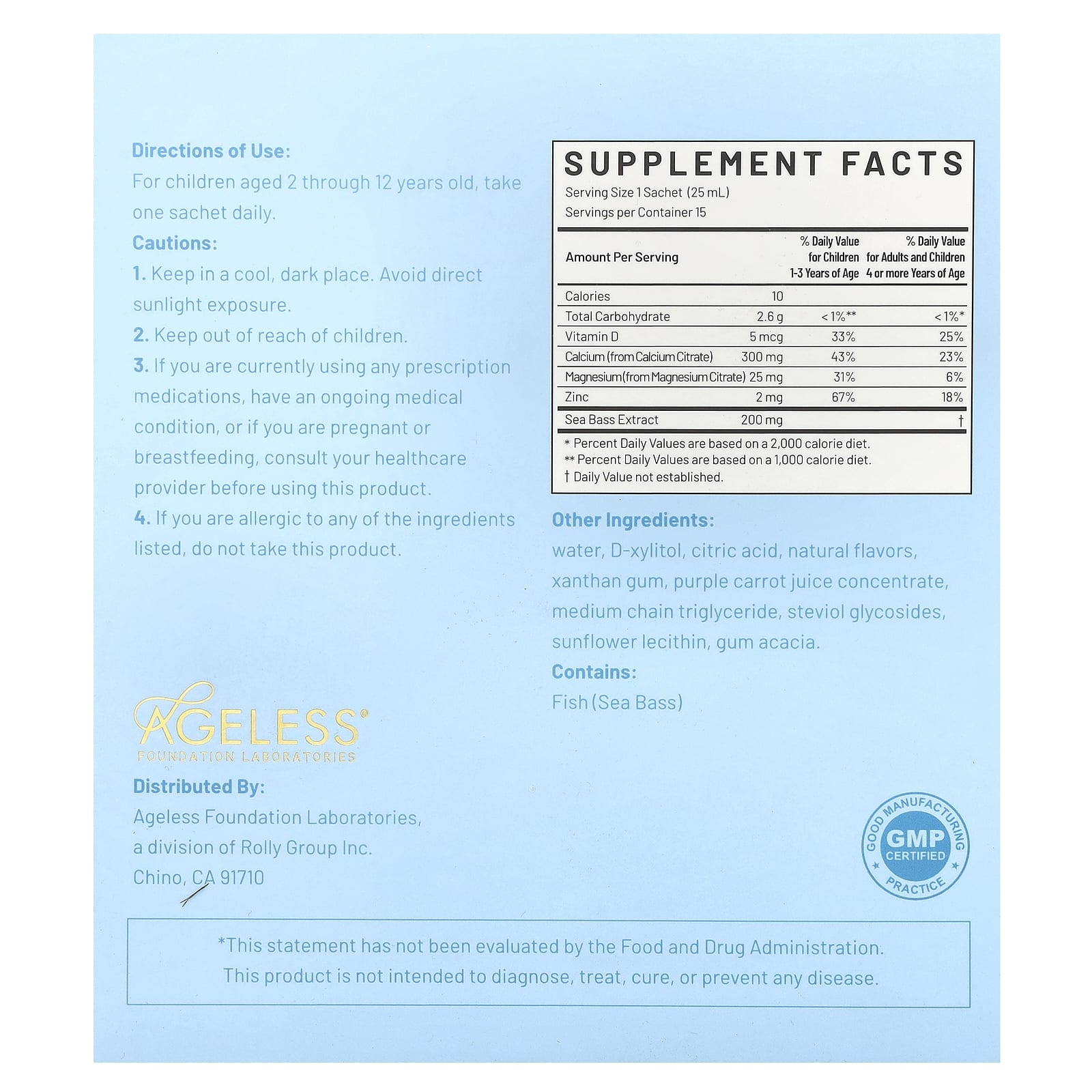 Ageless Foundation Laboratories, Kid's Liquid Calcium, 15 Sachets, 0.85 fl oz (25 ml) Each