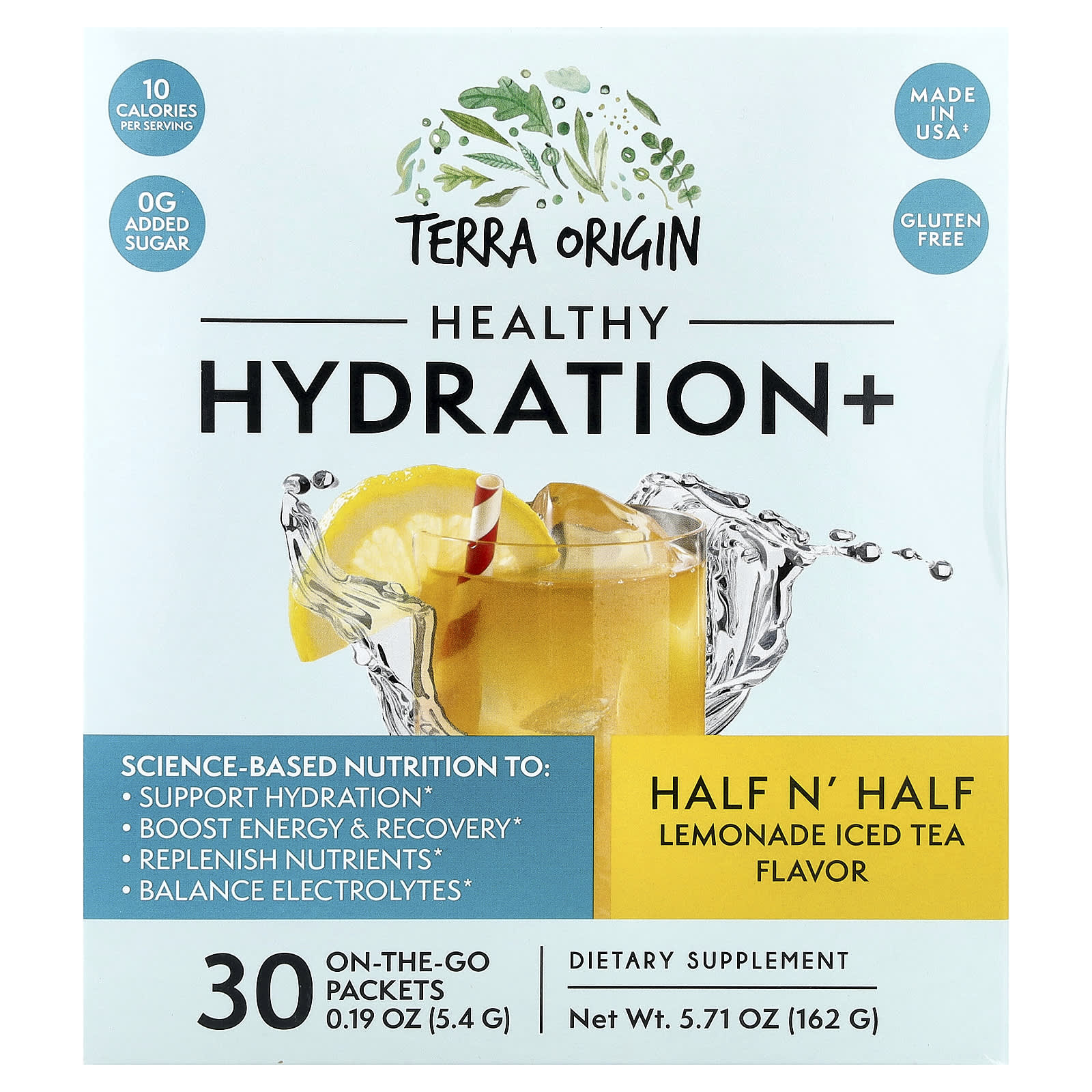 Terra Origin, Healthy Hydration+, Half N' Half Lemonade Iced Tea, 30 On The Go Packets, 0.19 oz (5.4 g) Each - Image 1
