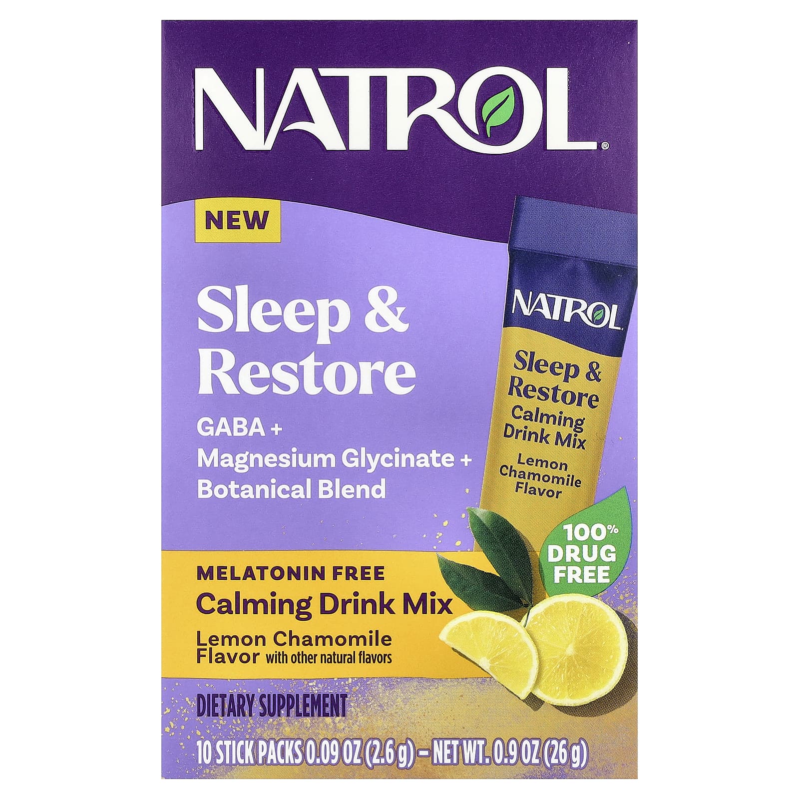 Natrol, Sleep & Restore, Calming Drink Mix, Melatonin Free, Lemon Chamomile, 10 Stick Packs, 0.09 oz (2.6 g) Each - Image 1