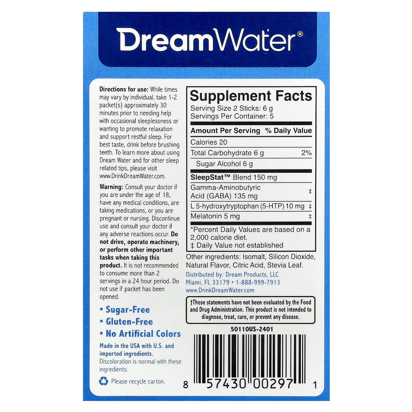 Dream Water Original Sleep Powder - 10 Stick Packs, SleepStat Blend - Image 2
