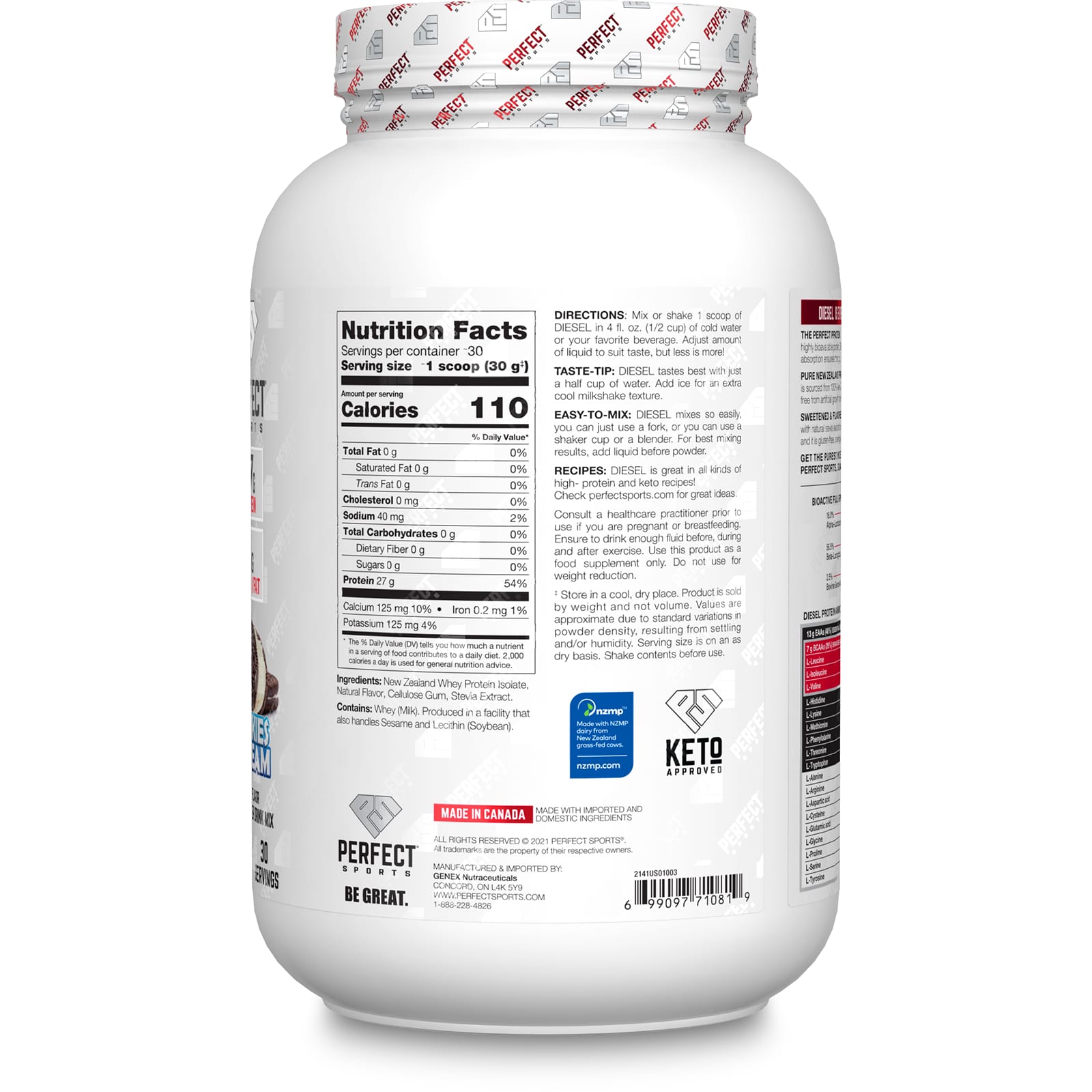 PERFECT Sports, Diesel, New Zealand Whey Isolate, Cookies 'n Cream, 2 lbs (908 g) - Image 2