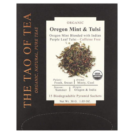 The Tao of Tea, Organic Oregon Mint & Tulsi Tea, Caffeine Free, 15 Pyramid Sachets, 1.05 oz (30 g) - Image 1