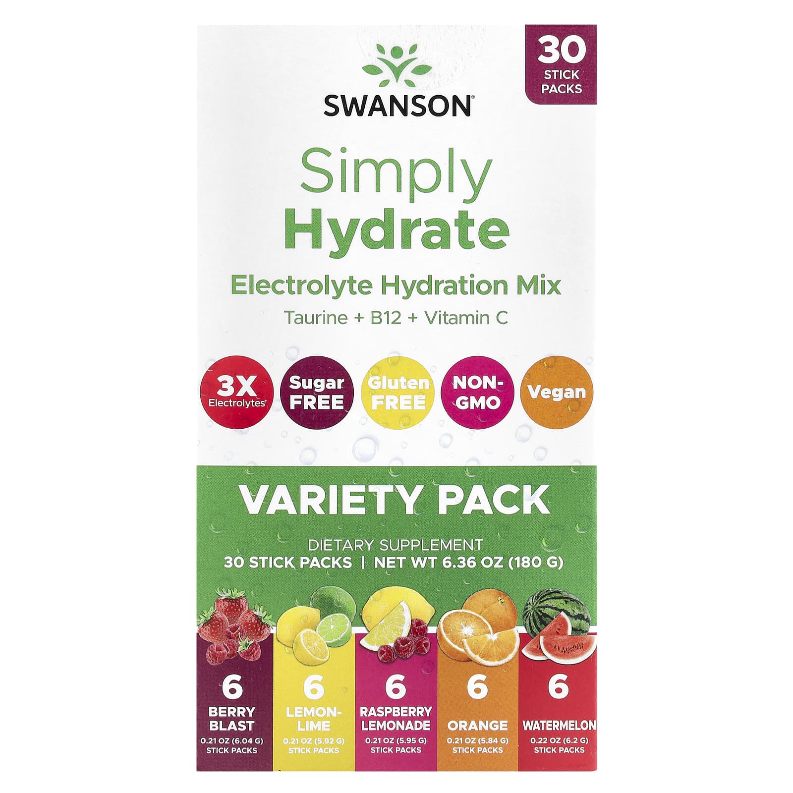Swanson, Simply Hydrate, Electrolyte Hydration Mix, Variety Pack, 30 Sticks Packs, 6.36 oz (180 g) - Image 1