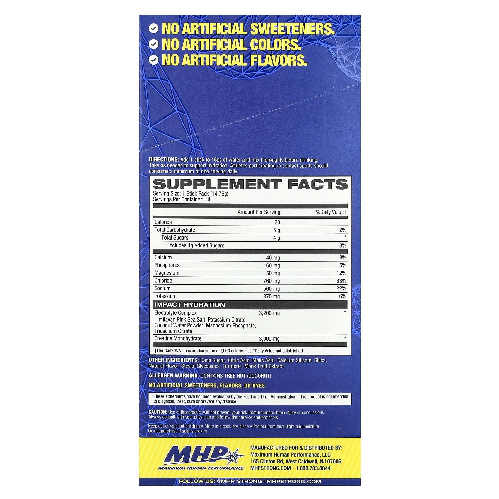 MHP, Impact Hydration, Electrolytes + Creatine, Lemon Lime , 14 Stick Packs, 0.52 oz (14.76 g) Each - Image 2