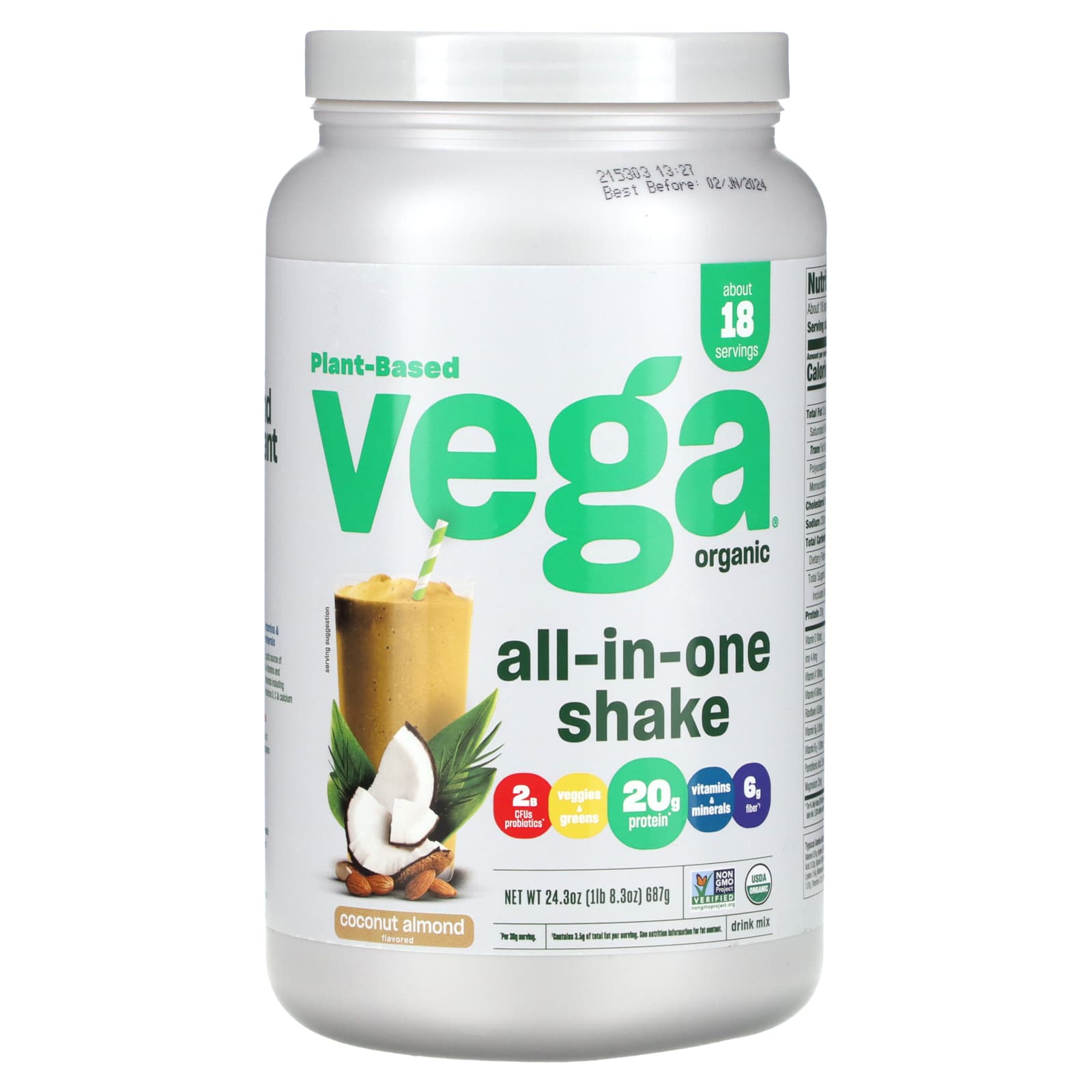 Vega, Plant-Based Organic All-In-One Shake, Coconut Almond, 1 lb 8.3 oz (687 g) - Image 1