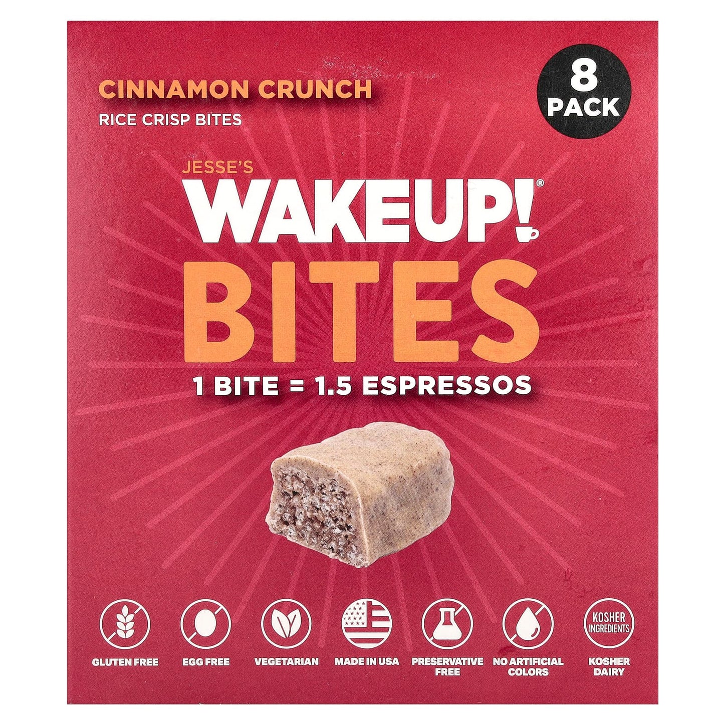 Caffeine Snack by Jesse's WAKEUP! - 8 Pack of Cinnamon Crunch Rice Bites - Image 1