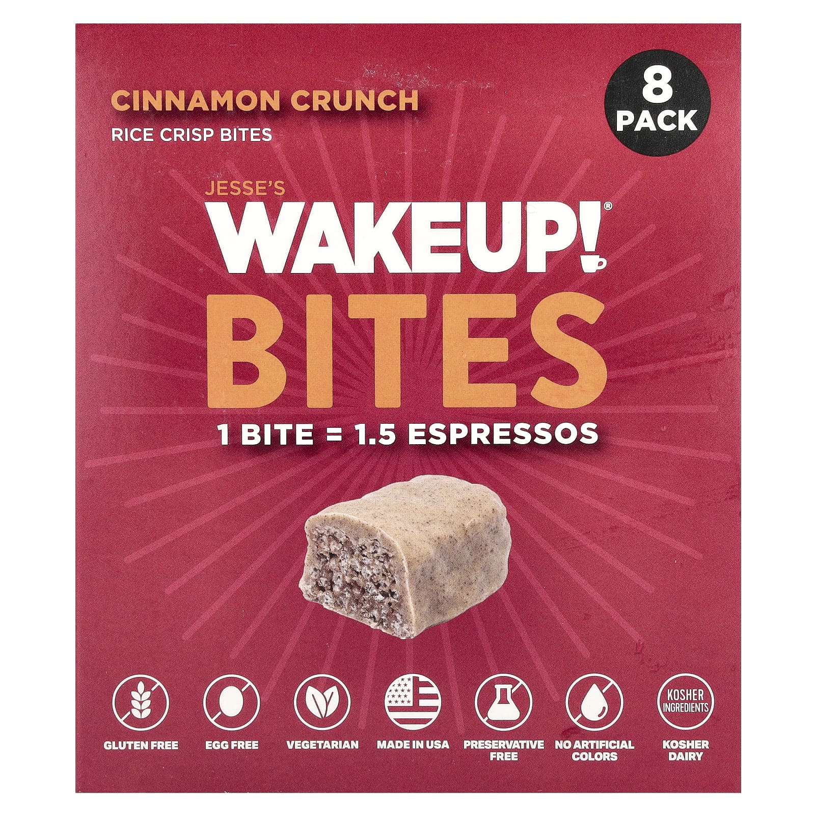 Caffeine Snack by Jesse's WAKEUP! - 8 Pack of Cinnamon Crunch Rice Bites - Image 1