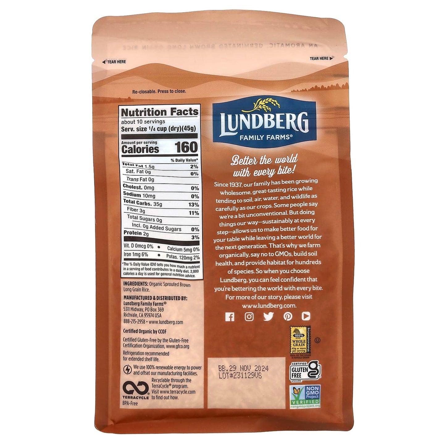 Lundberg, Organic Sprouted Brown Basmati Gourmet Rice, 1 lb (454 g) - Image 2