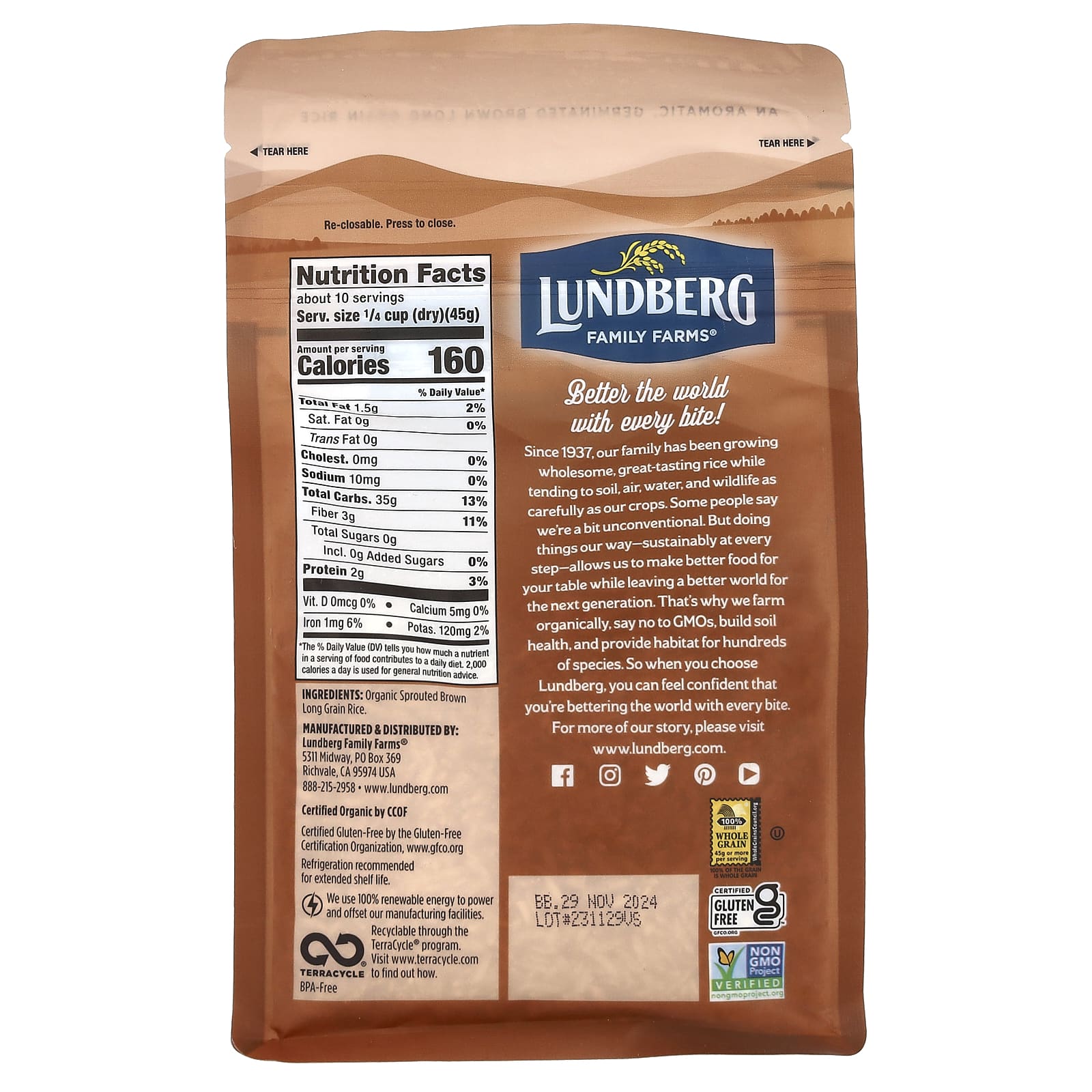 Lundberg, Organic Sprouted Brown Basmati Gourmet Rice, 1 lb (454 g) - Image 2
