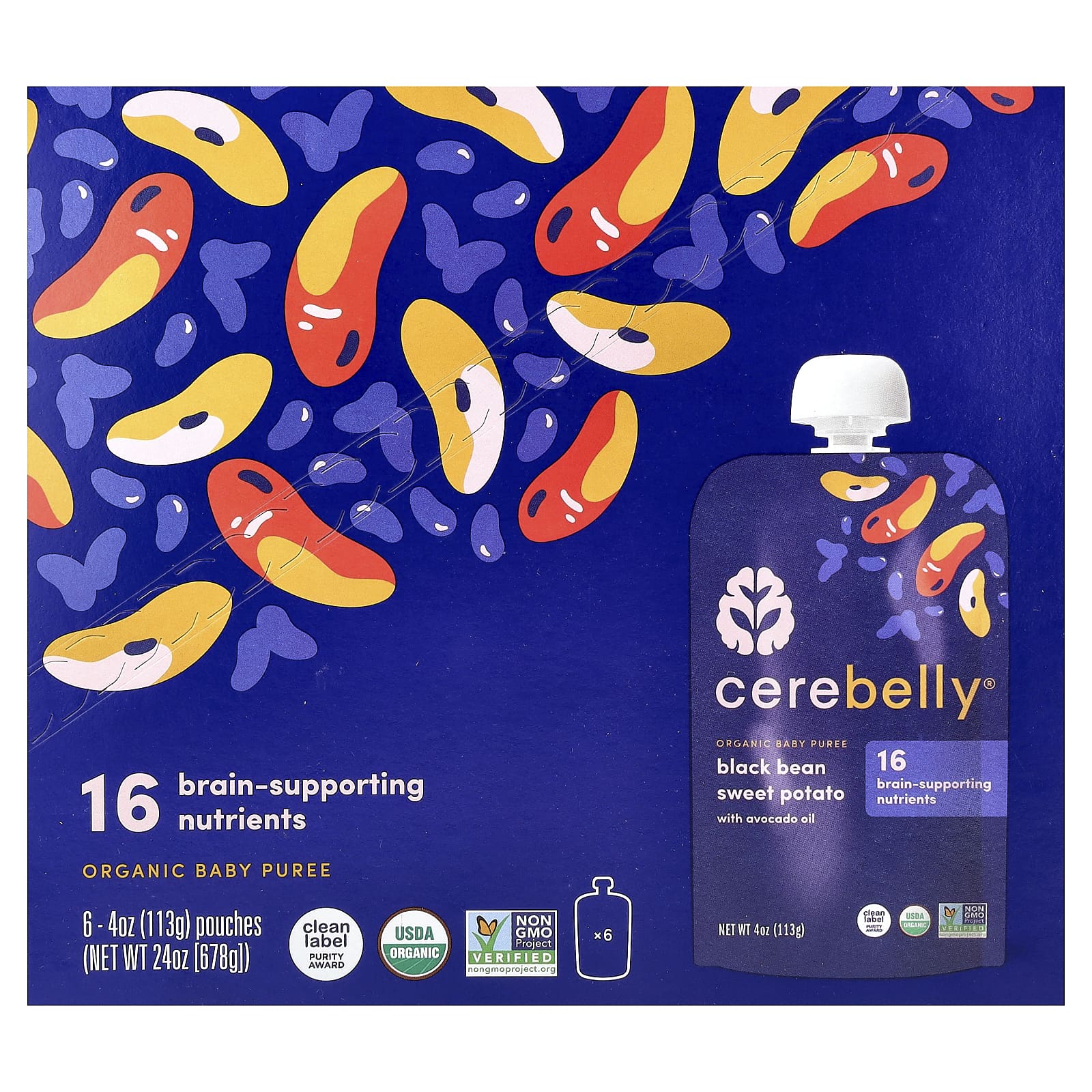 Cerebelly Organic Baby Puree Black Bean Sweet Potato with Avocado Oil 6 Pouches - Image 1