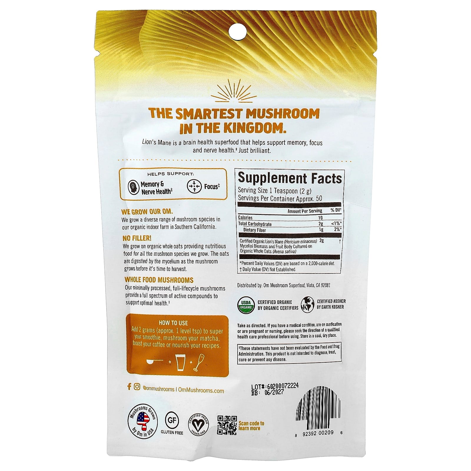 Om Mushrooms, Lion's Mane, Mushroom Powder, 3.5 oz (100 g) - Image 2