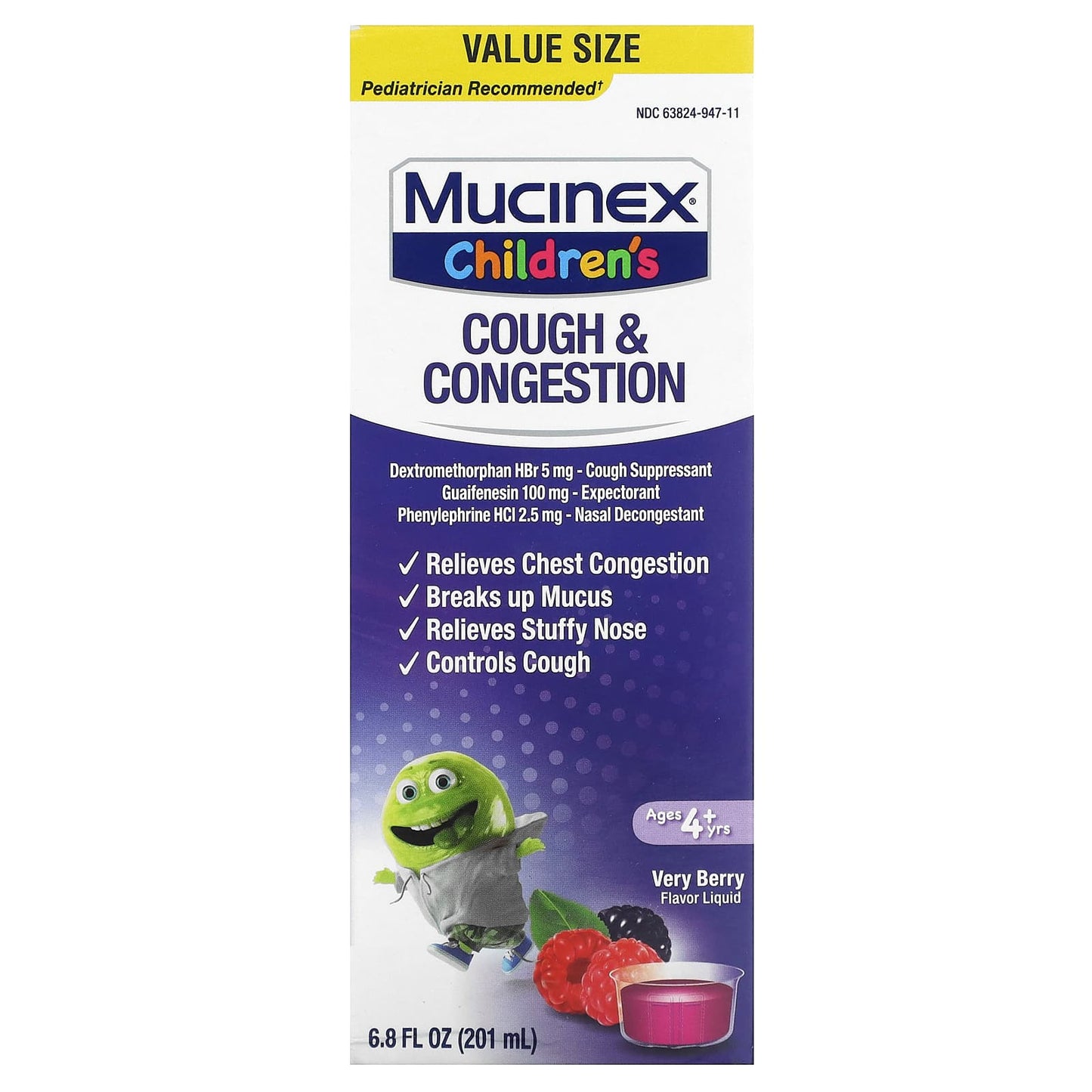 Mucinex, Children's, Cough & Congestion, Ages 4+ Yrs, Very Berry, 6.8 fl oz (201 ml) - Image 1