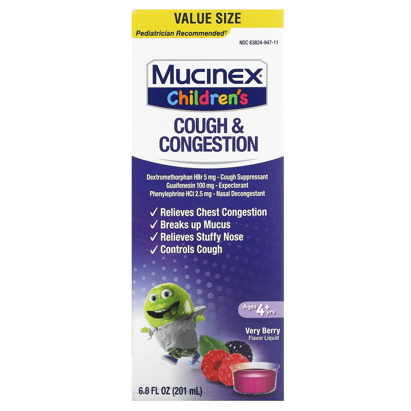 Mucinex, Children's, Cough & Congestion, Ages 4+ Yrs, Very Berry, 6.8 fl oz (201 ml) - Image 1