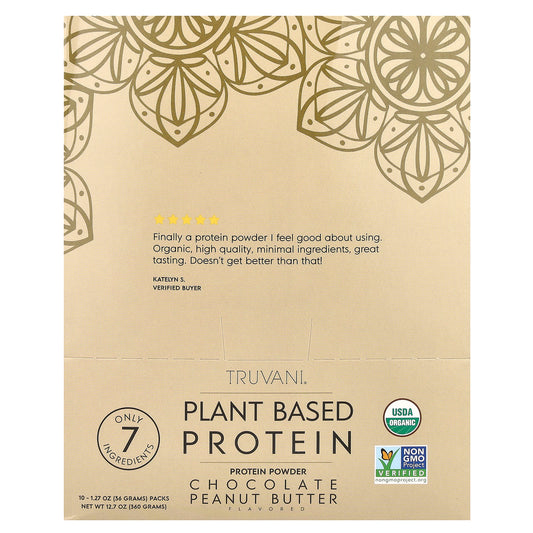 Truvani, Plant Based Protein, Chocolate Peanut Butter, 10 Packs, 1.27 oz (36 g) Each - Image 1