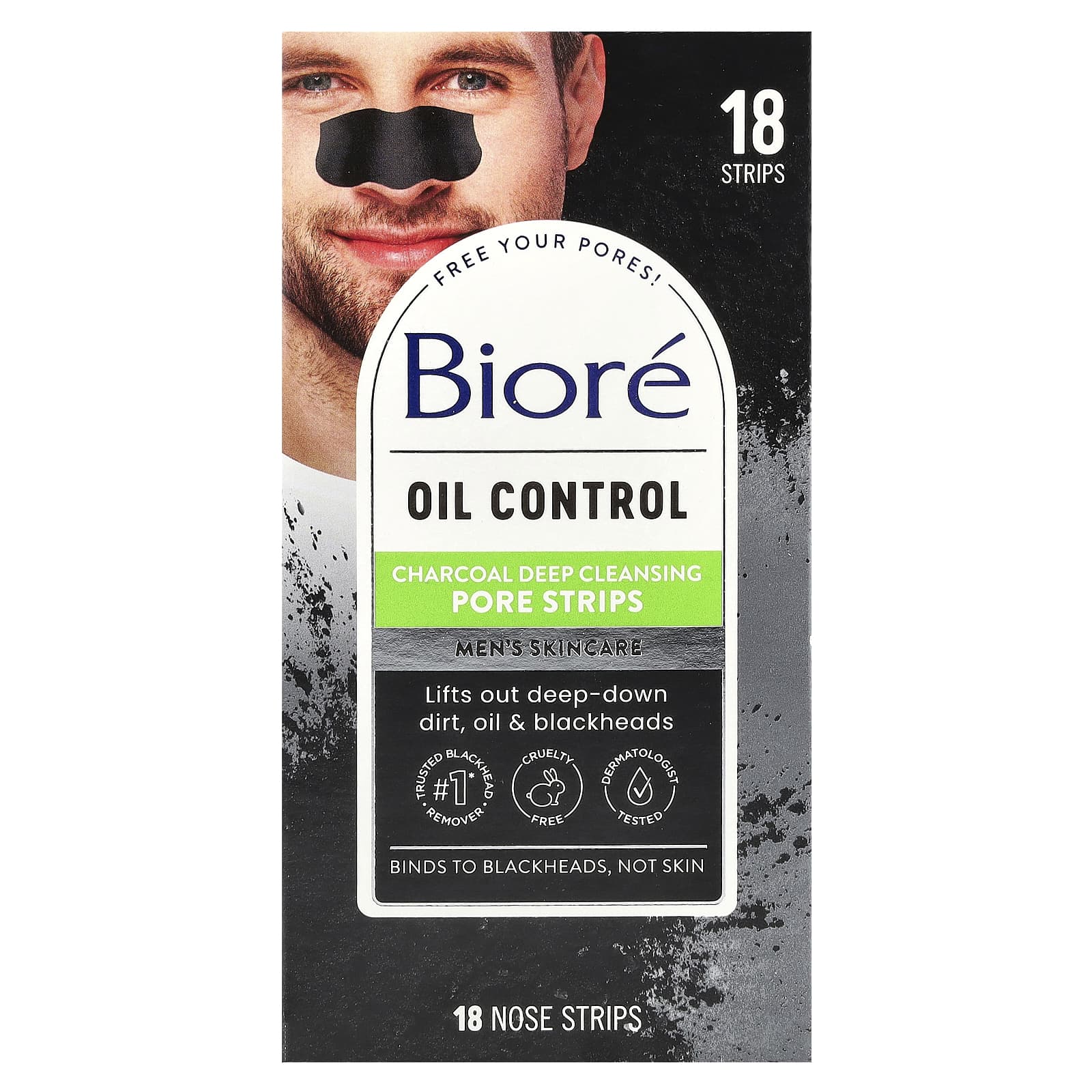Biore Oil Control Charcoal Deep Cleansing Pore Strips for Men | 18 Nose Strips - Image 1