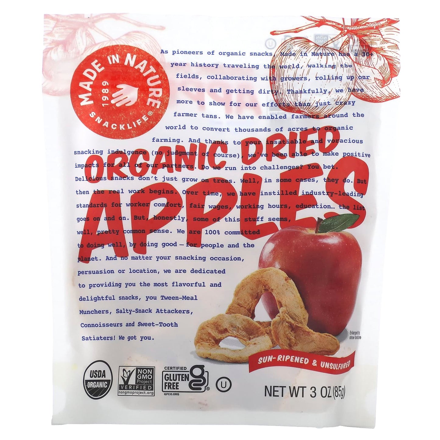Made in Nature, Organic Dried Apples, Sun-Ripened & Unsulfured, 3 oz (85 g) - Image 1