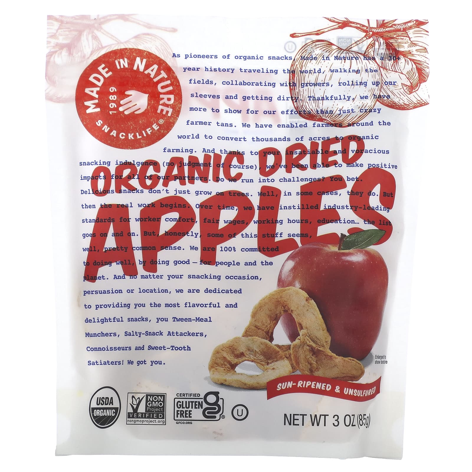 Made in Nature, Organic Dried Apples, Sun-Ripened & Unsulfured, 3 oz (85 g) - Image 1