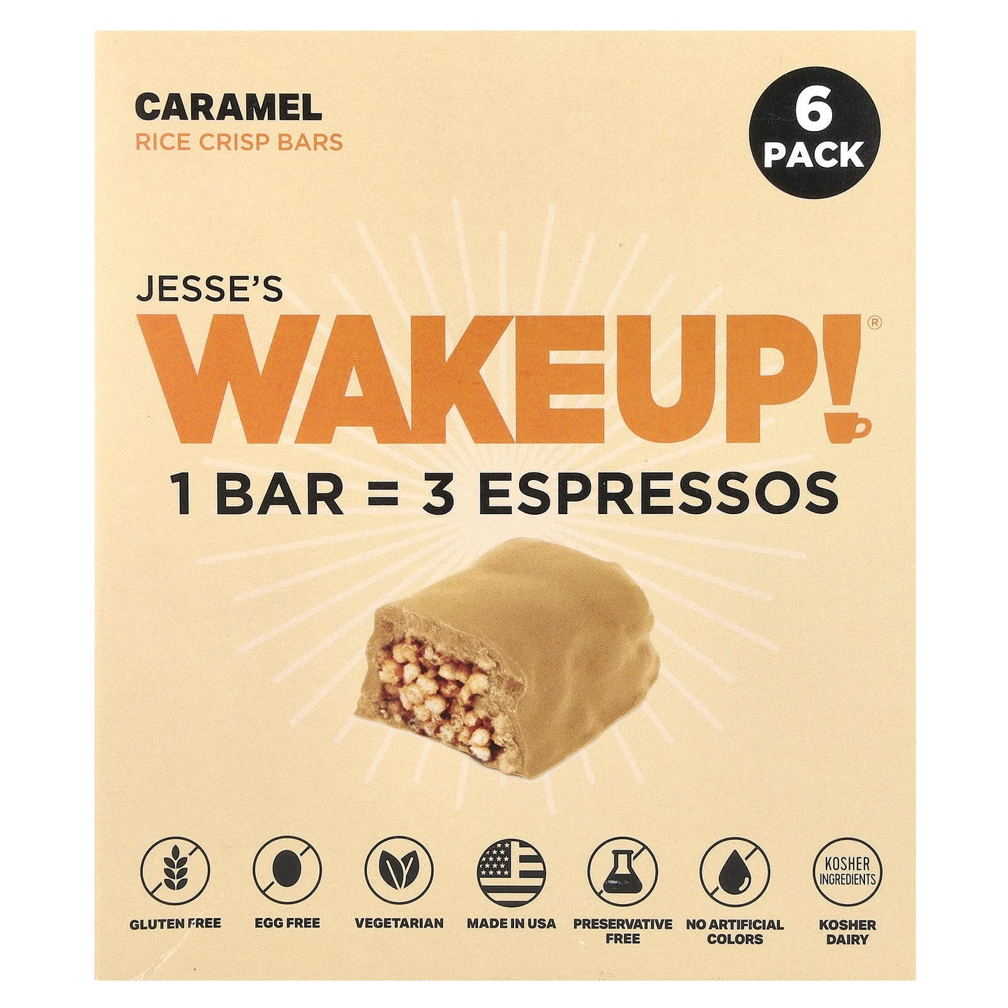 WakeUP!, Rice Crisp Bars with Caramel, 6 Pack, 1.06 oz (30g) Each - Image 1