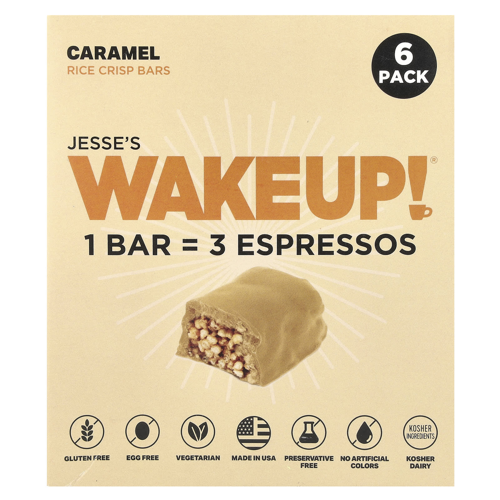 WakeUP!, Rice Crisp Bars with Caramel, 6 Pack, 1.06 oz (30g) Each - Image 1