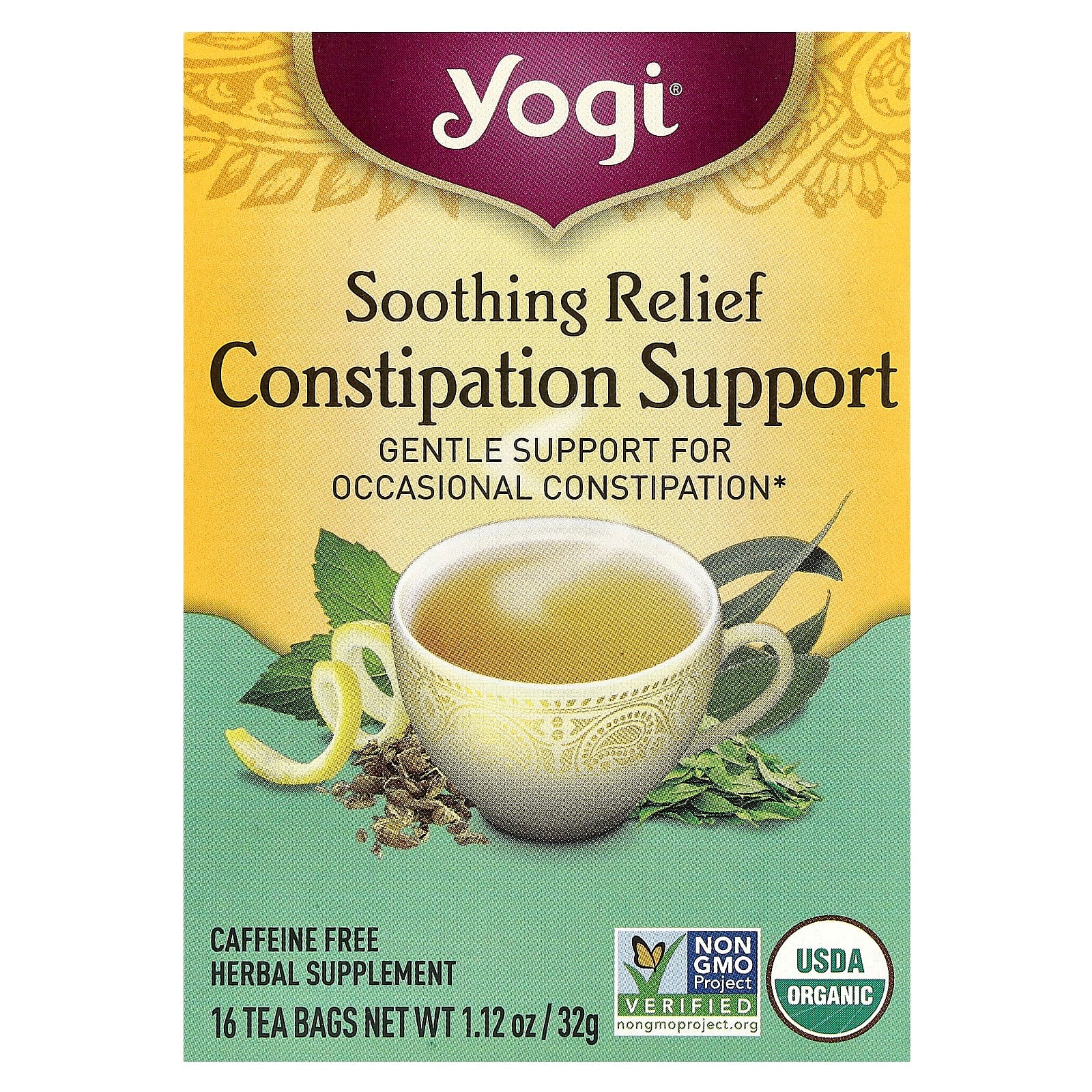 Yogi Tea, Soothing Relief Constipation Support, Caffeine Free, 16 Tea Bags, 1.12 oz (32 g) - Image 1