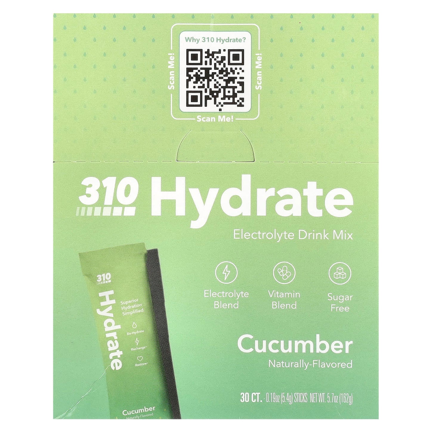 310 Hydrate Electrolyte Drink Mix, Cucumber, 0.19 oz (5.4 g) Each - 30 Sticks - Image 1