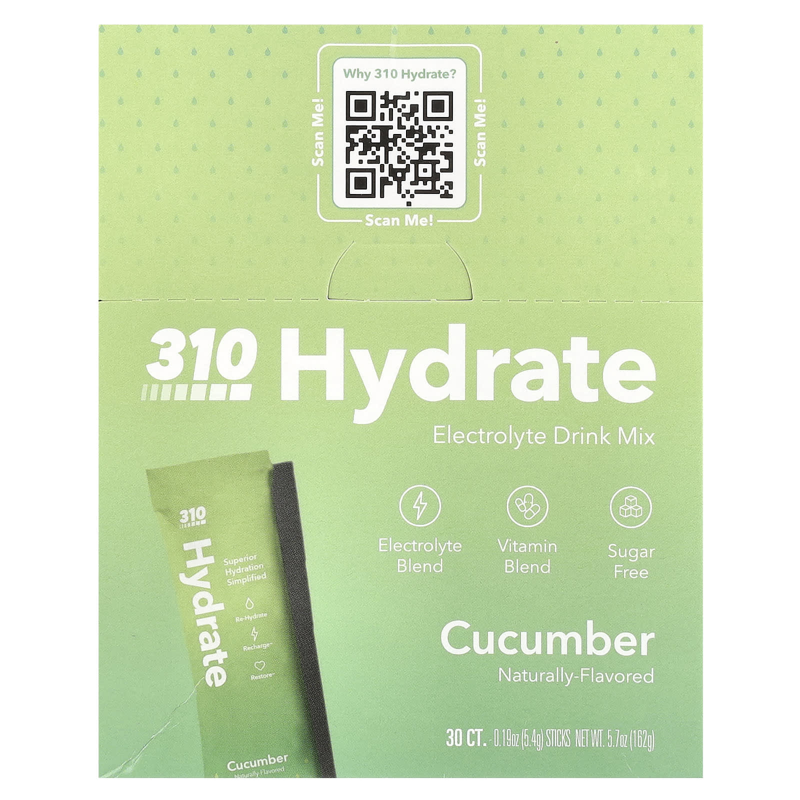 310 Hydrate Electrolyte Drink Mix, Cucumber, 0.19 oz (5.4 g) Each - 30 Sticks - Image 1