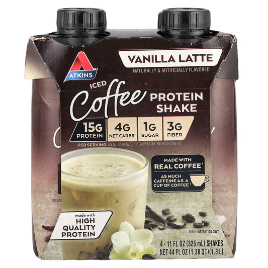 Atkins Vanilla Latte Iced Coffee Protein Shake, 11 fl oz, 4 Shakes, Low Carb - Image 1