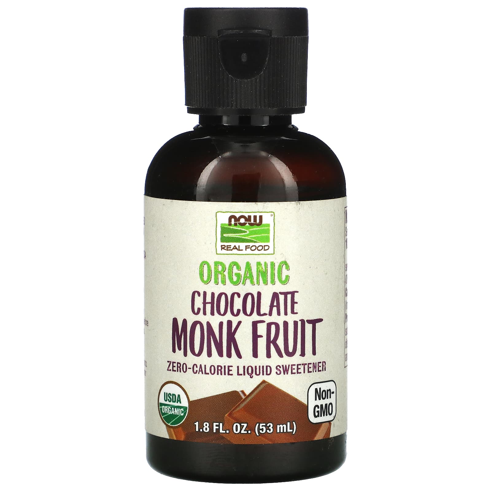 NOW Foods, Real Food, Organic Monk Fruit, Zero-Calorie Liquid Sweetener, Chocolate, 1.8 fl oz (53 ml) - Image 1